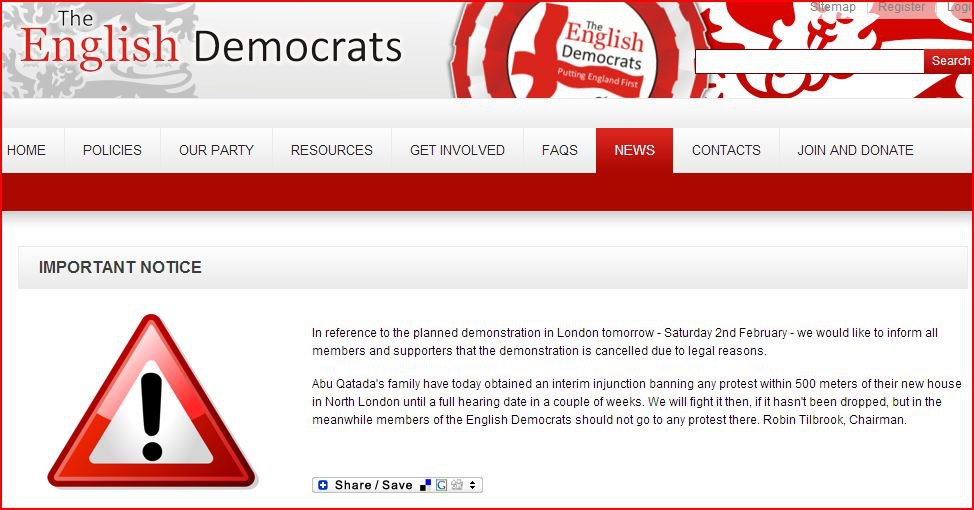 English Democrats website warning not to attend Abu Qatada protest